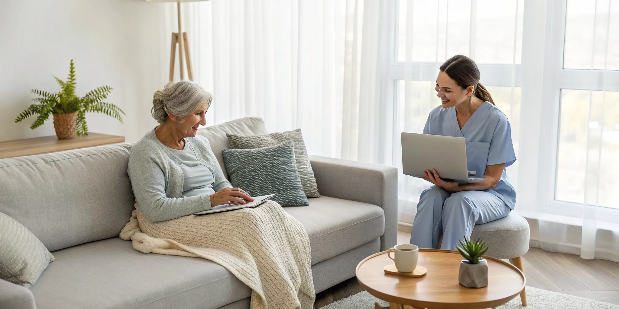 Home care agency caregiver assisting a senior woman at home.
