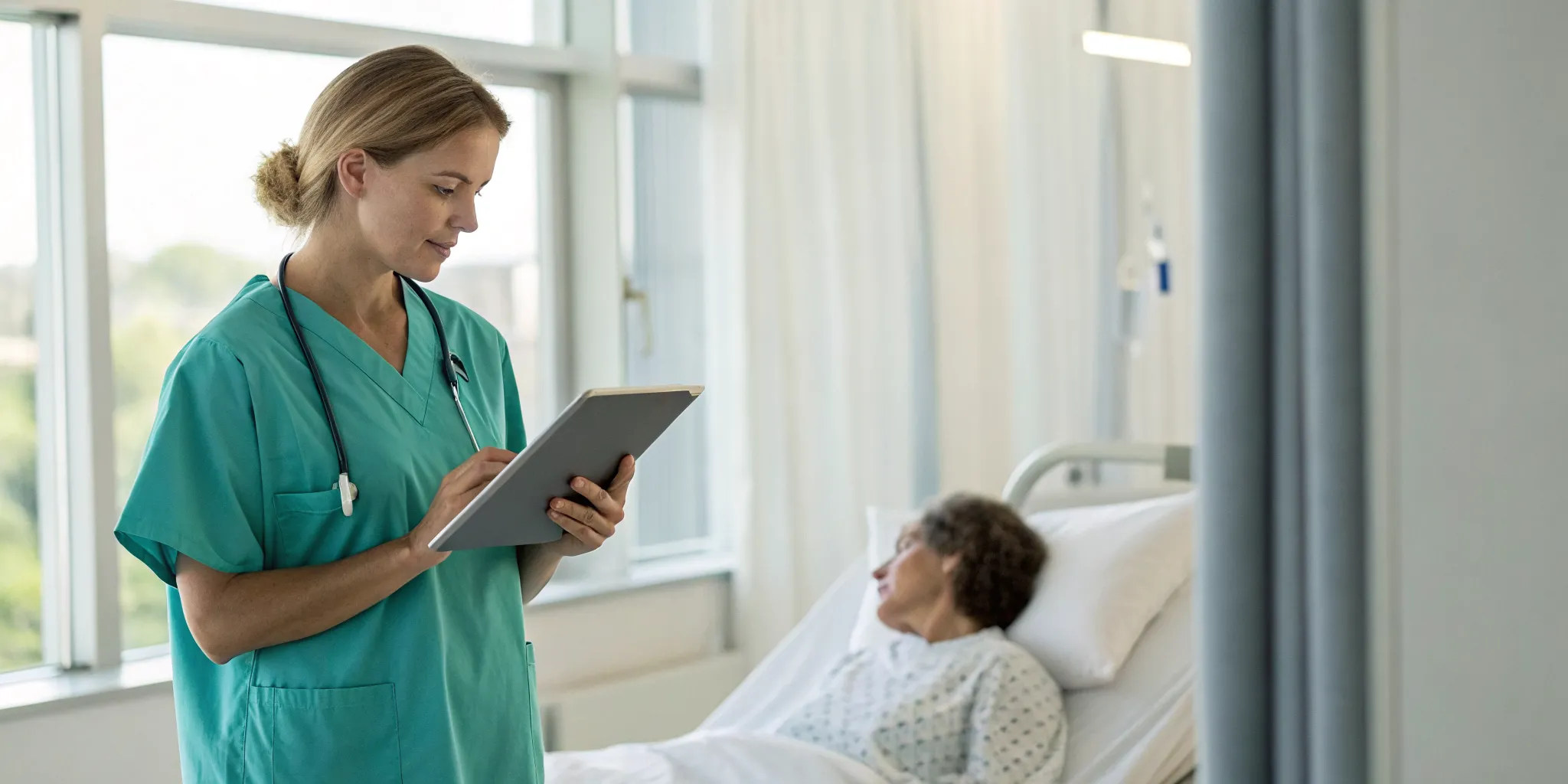 A CNA uses a tablet for point of care documentation at a patient's bedside.