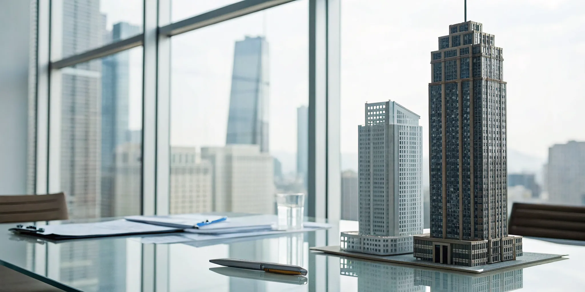 Model skyscrapers and paperwork on a desk showing how a 1031 exchange works.