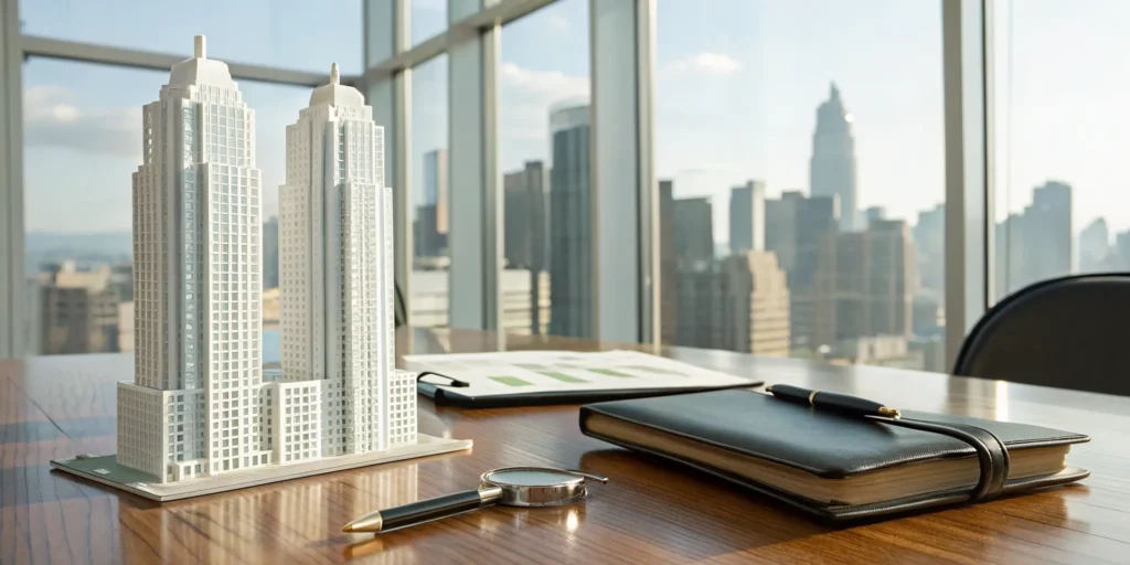 A magnifying glass over a skyscraper model shows how to choose a 1031 exchange accommodator.