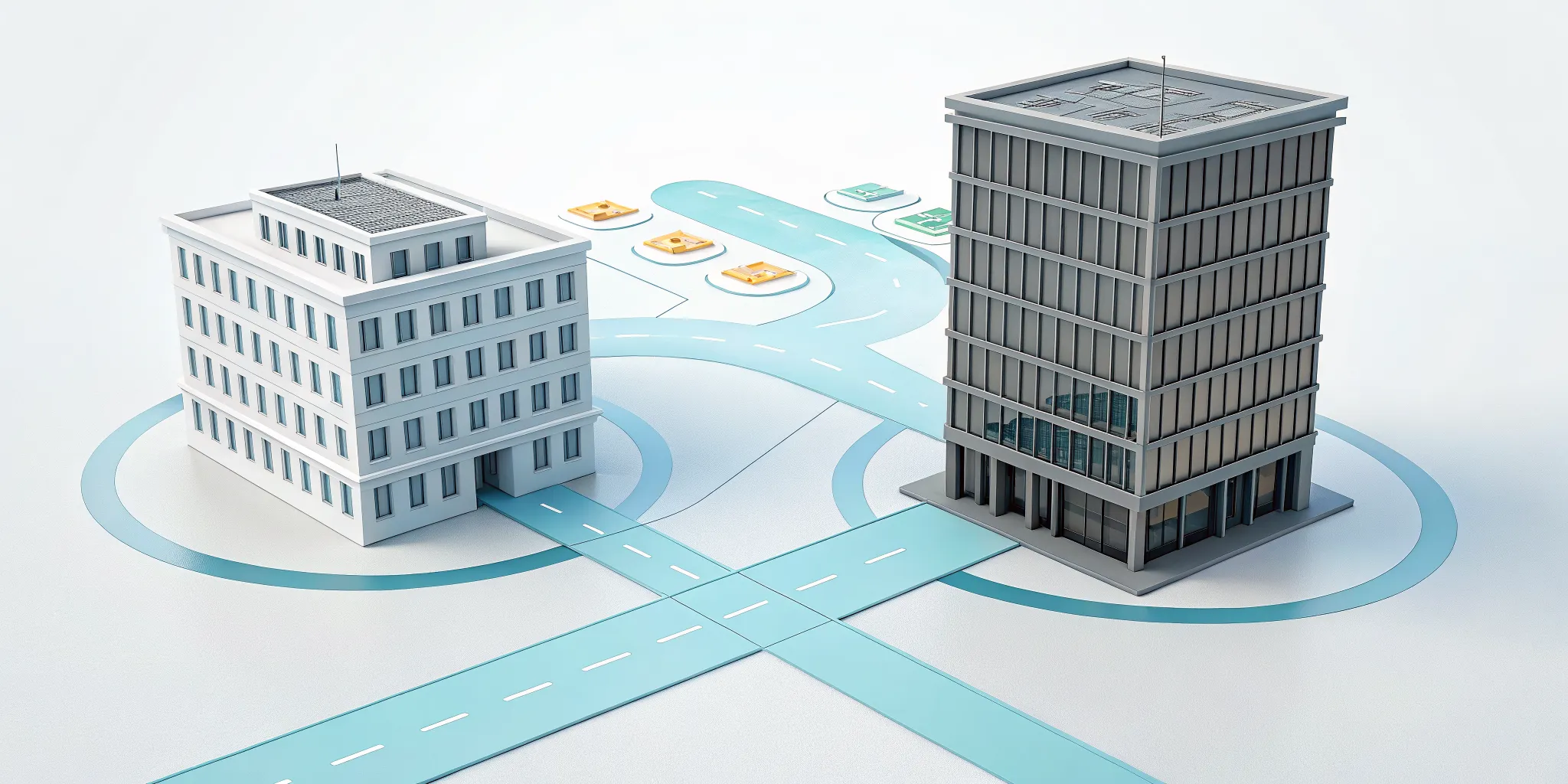Two commercial buildings connected by roads for a guide on how to do a 1031 exchange.