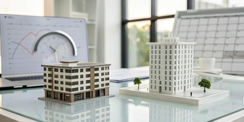 Miniature buildings on a desk with a calendar and charts for the 1031 exchange 45-day rule.